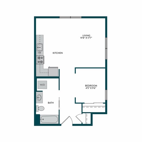 A floor plan of a small apartment with a living room, kitchen, bathroom, and bedroom.